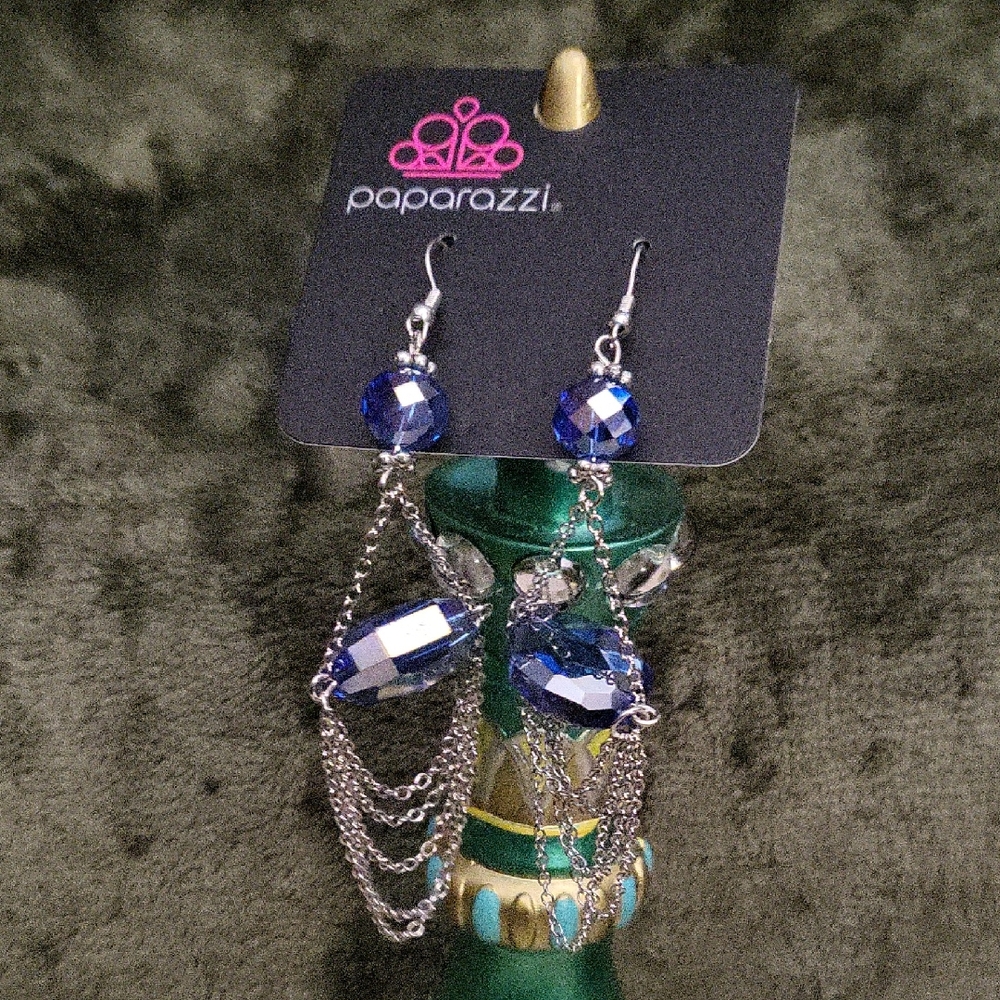 Paparazzi Blue Silver Dangle Earrings with Cascading Chains
